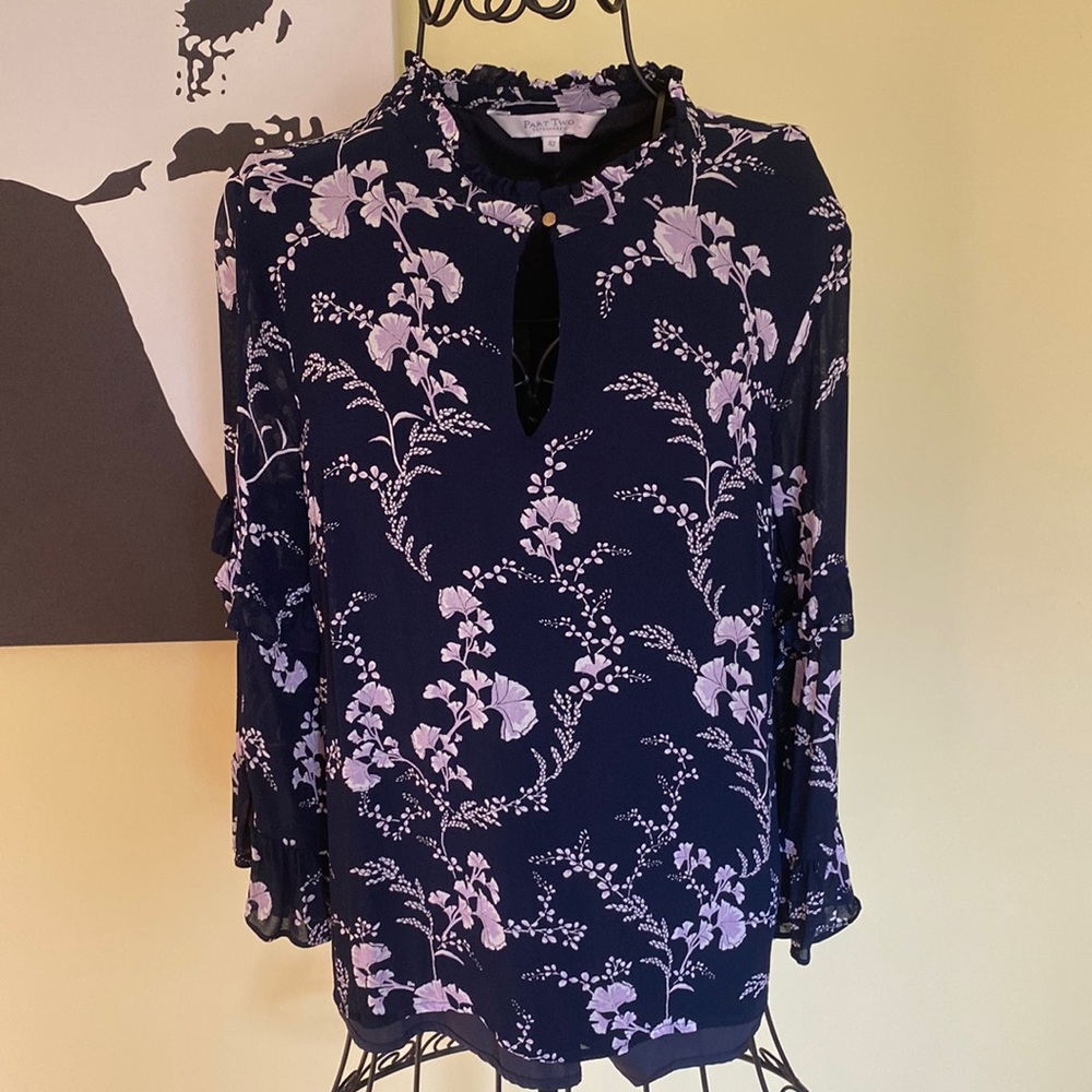 Feminine Part Two Blue/Pink Floral Top w/ Tiered Long Sleeves - Size 12 (42 EU)